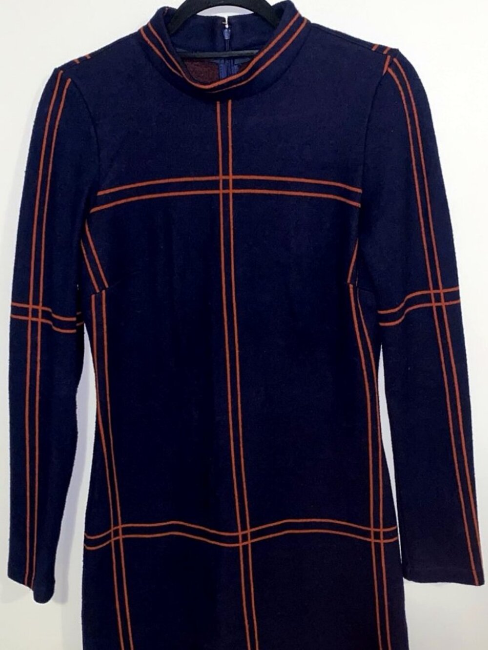 Patrizia Pepe Windowpane Knit Dress Mock Neck Navy Rust IT 44 US 8